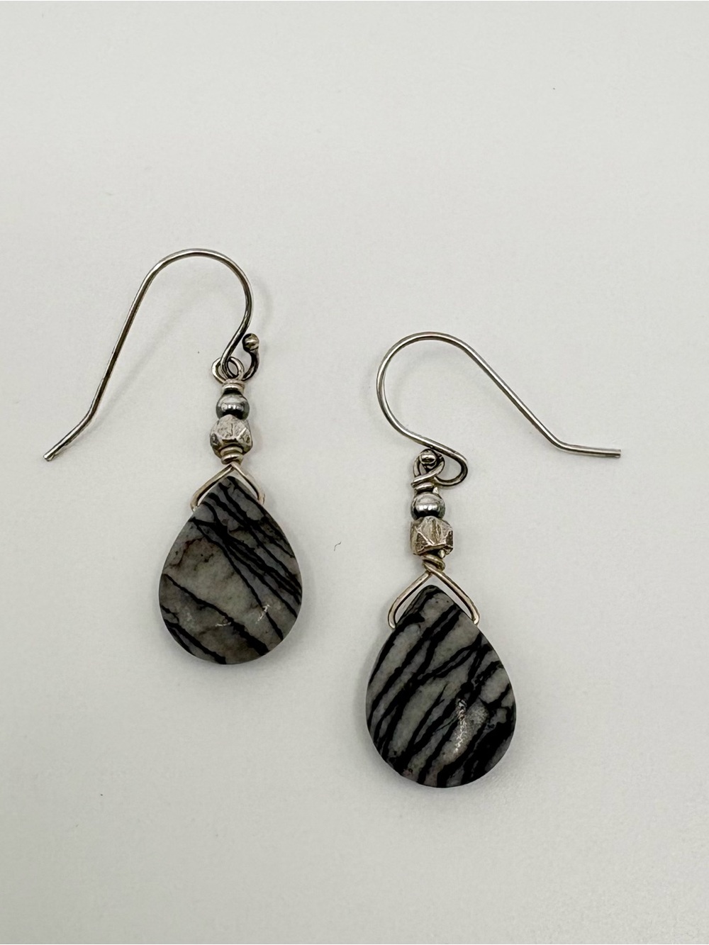 Sterling Silver Teardrop Zebra Jasper Dangle Earrings - Gray - Picture 3 of 3